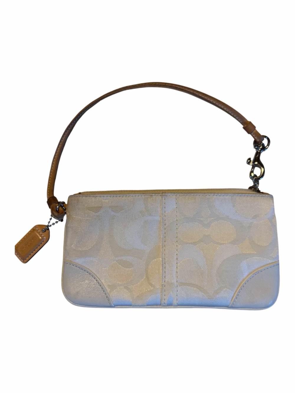 Vintage Coach White Signature Wristlet with Tan Leather Strap